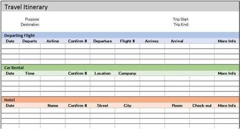 Travel Itinerary - Excel templates