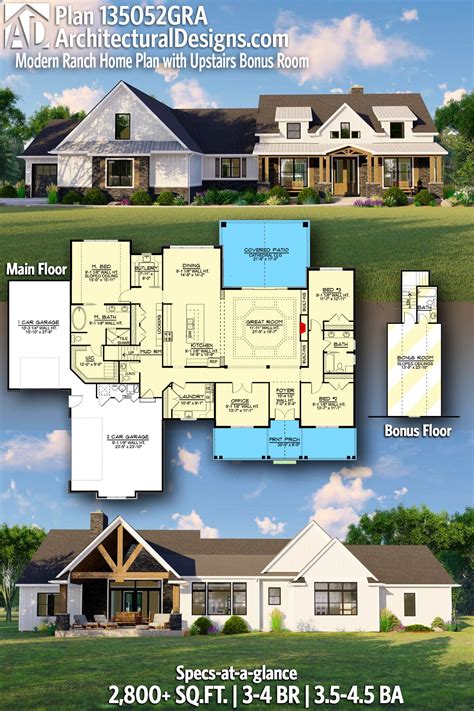 Modern Ranch Home Plan with Upstairs Bonus Room - 135052GRA ...