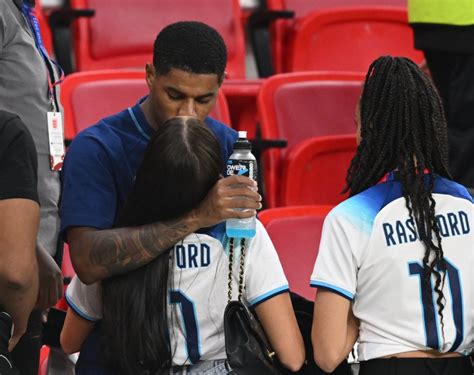 Marcus Rashford kisses fiancee as England WAGs celebrate win against ...