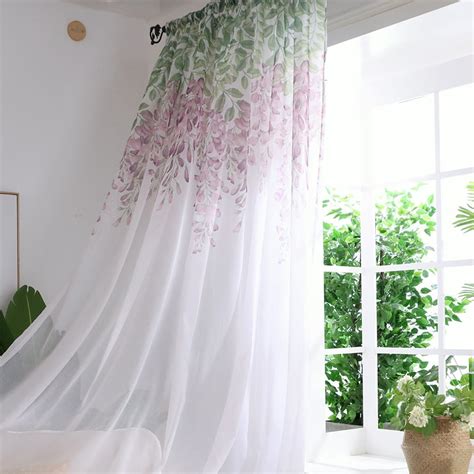 Semi Sheer Voile Cotton Linen Curtain Purple Floral Drapes Bedroom ...