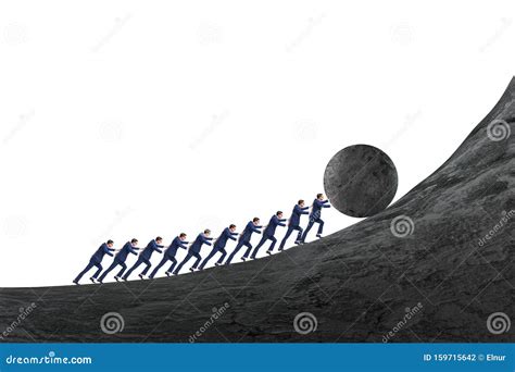 Team of People Pushing Stone Uphill Stock Photo - Image of heavy ...