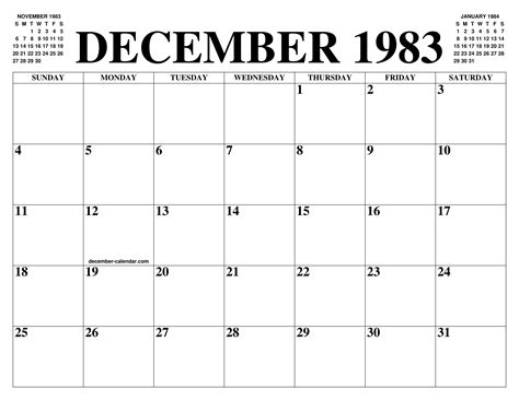 DECEMBER 1983 CALENDAR OF THE MONTH: FREE PRINTABLE DECEMBER CALENDAR OF THE YEAR - AGENDA