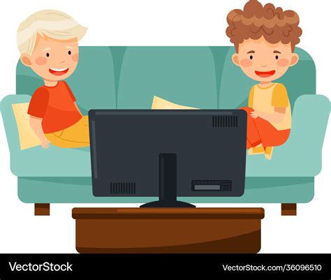 Little boys sitting on sofa watching cartoon film Vector Image