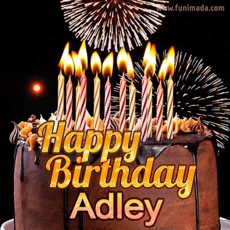 eCard for Adley featuring a dark chocolate birthday cake topped with elegant, lit candles and ...