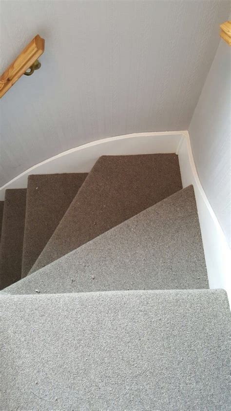 the carpeted stairs are lined with wooden handrails