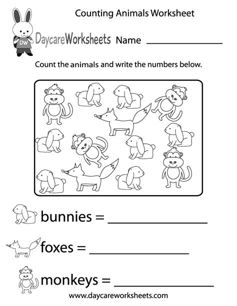 Free Counting Animals Worksheet for Preschool