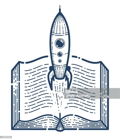 Open Book With Launching Rocket Vector Linear Icon Missile Start Up From Text Space Scientific ...