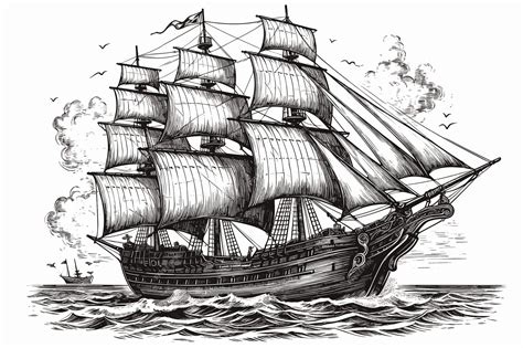 Premium Vector | Sailing ship ink black and white drawing and vector art