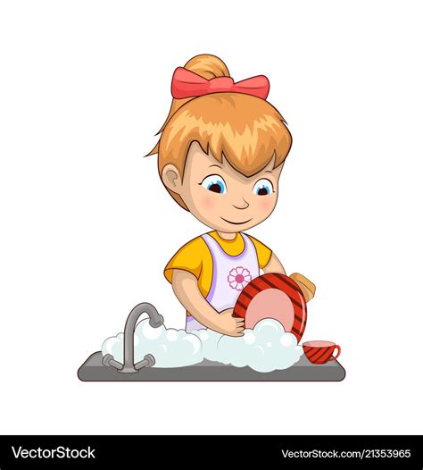 Little girl washing dishes Royalty Free Vector Image