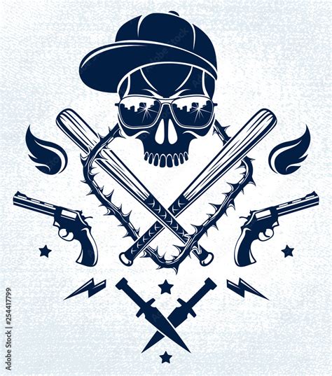 Gang brutal criminal emblem or logo with aggressive skull baseball bats ...