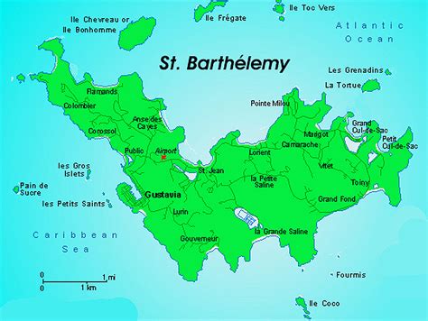 Detailed map of St. Barthelemy with roads and cities | Saint Barthelemy ...