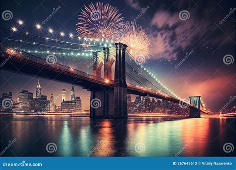 Fireworks Over the Brooklyn Bridge in New York. AI Generated. Stock ...