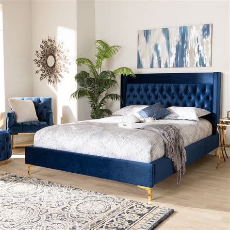 Baxton Studio Valery Modern and Contemporary Navy Blue Velvet Fabric Upholstered King Size ...