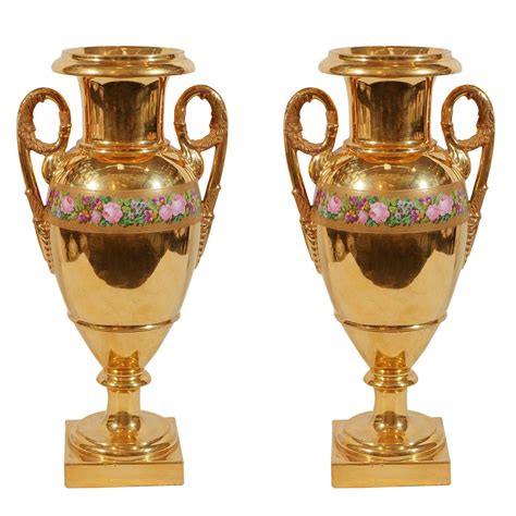 Pair of French Antique Porcelain Mantle Vases Gilded, Circa 1830 | From a unique collection of ...