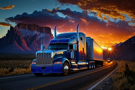 Premium Photo | Large blue truck driving highway sunset and mountains in the background ...