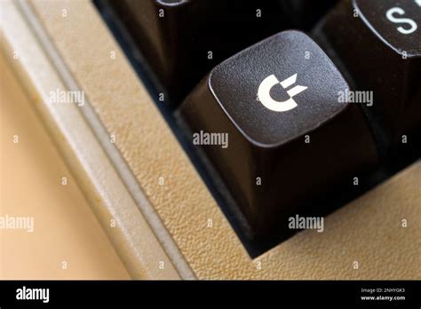 Carrara, Italy - February 22, 2023 - The Commodore company logo on the keyboard of a Commodore ...