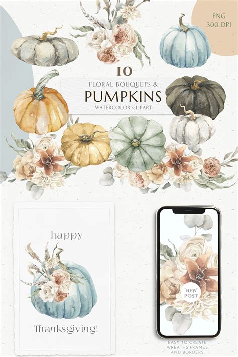 Fall Boho Pastel Pumpkins, Autumn Neutral Floral Bouquets Clipart Set ...