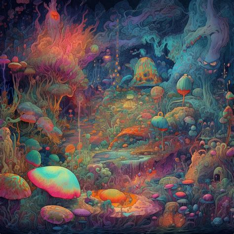 Premium AI Image | A colorful illustration of a forest with a waterfall and a mushroom in the ...