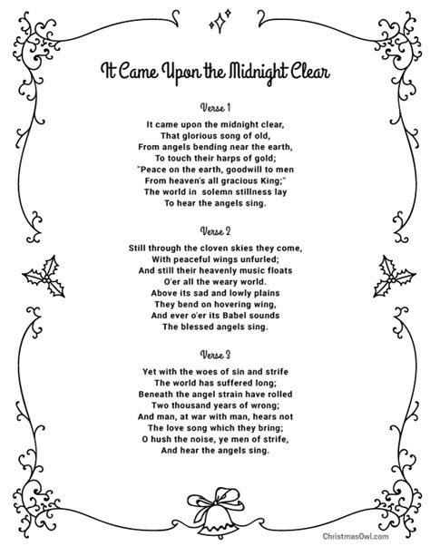 Free Printable Lyrics for It Came Upon the Midnight Clear