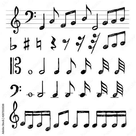 Music notes collection. Treble clef sound black symbols piano keys stave f sharp vector pictures ...