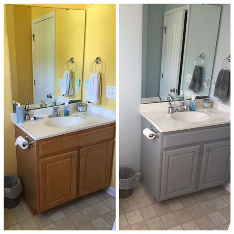 Before and after bathroom cabinet, Valspar Chalky paint in woolen stockings. (Walls Sherwi ...
