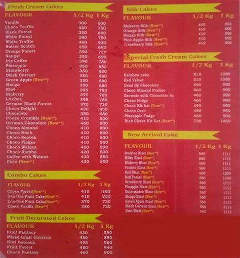 Menu of FB Cake House, Egatoor, Chennai