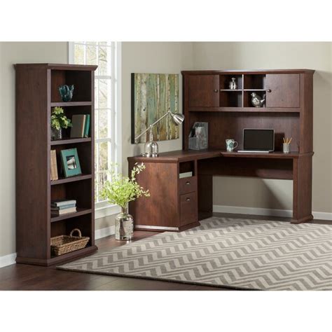 Three Posts™ Ferrell 60W L Shaped Desk With Hutch And 5 Shelf Bookcase In Antique Cherry ...