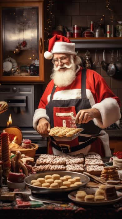 A Santa Claus cooks up traditional cuisine in a bustling professional kitchen, merging Christmas ...