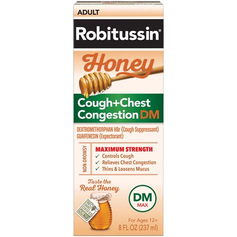 Robitussin Honey Adult Maximum Strength Cough + Chest Congestion DM Max, Non-Drowsy Cough ...