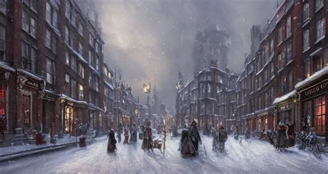 snowy christmas victorian london, street scene, street | Stable Diffusion