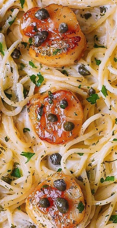 Creamy Pasta with Scallops in White Wine Butter Garlic Sauce with Capers | Scallop recipes ...