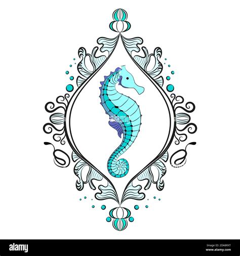 Single framed seahorse. Victorian era, beautiful frame. The composition is blue. Isolated white ...