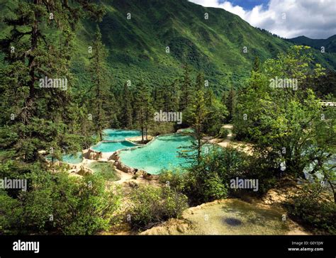 Travertine landscape and Colorful pools, Huanglong Scenic and Historic Interest Area, Sichuan ...