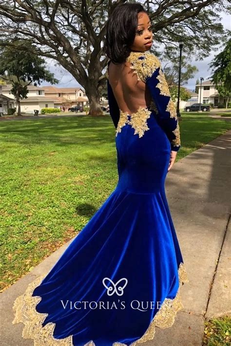 Gold Lace Royal Blue Velvet Open Back Prom Dress - VQ