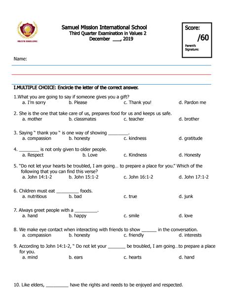 EXAM IN Values Education - Samuel Mission International School Third Quarter Examination in ...