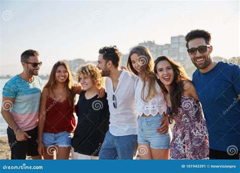 Happy Group of Friends Standing Together in Row Outside Stock Image ...