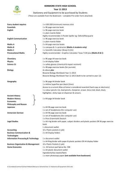 Year 11 equipment list - Kenmore State High School