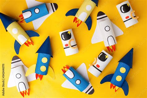 School kindergarten crafts, paper spaceship, shuttle, astronaut on ...