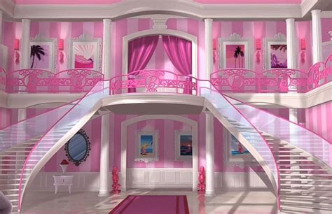 a pink and white room with stairs to the second floor