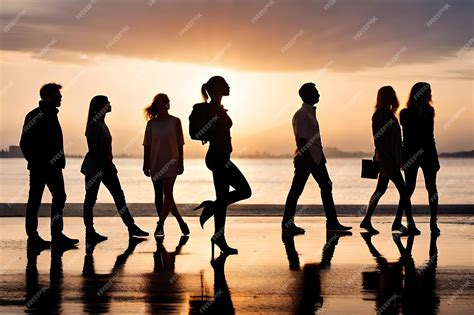 Premium AI Image | a group of people walking on a beach at sunset.