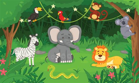 Cartoon wild animals in jungle forest, tropical animal habitat. Cute lion, snake, toucan, monkey ...