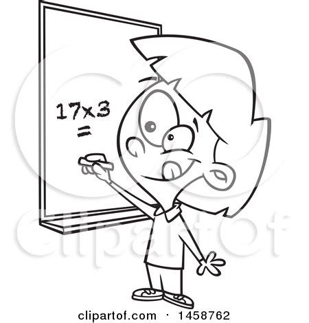 Cartoon Lineart School Girl Solving a Multiplication Math Problem ...