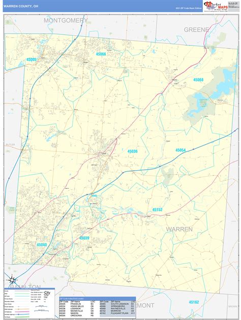 Warren County, OH Zip Code Wall Map Basic Style by MarketMAPS - MapSales