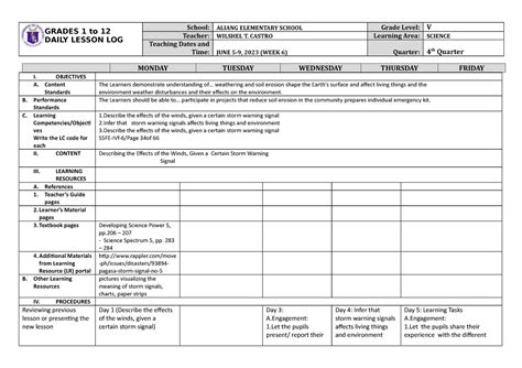 Grade 5 DLL Science 5 Q4 Week 6 - GRADES 1 to 12 DAILY LESSON LOG ...