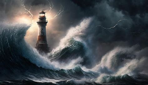 Premium Photo | A lighthouse in the storm with a lighthouse in the background