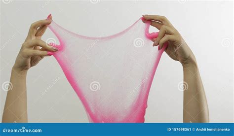 Woman Hands Playing Oddly Satisfying Pink Slime On White Background. Antistress Stock Image ...