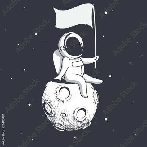 Astronaut sitting on Moon and holds a flag.Space vector illustration Stock Vector | Adobe Stock