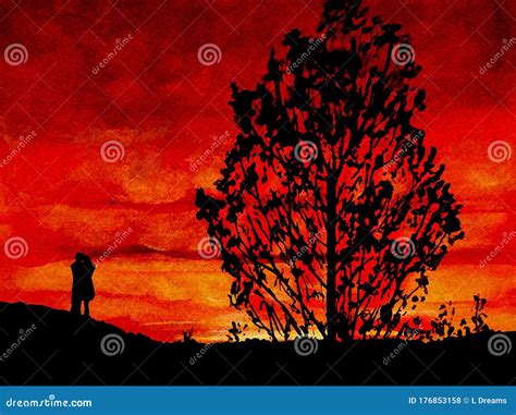 Lovers Red Sky Sunset Silhouette Painting Stock Illustration ...