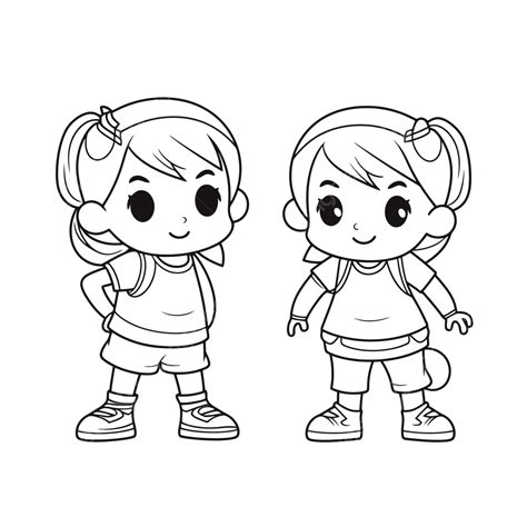 Two Cartoon Girl Coloring Pages Outline Sketch Drawing Vector, Car ...