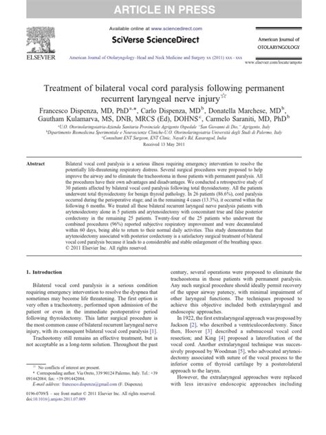 Treatment of Bilateral Vocal Cord Paralysis Following Permanent ...